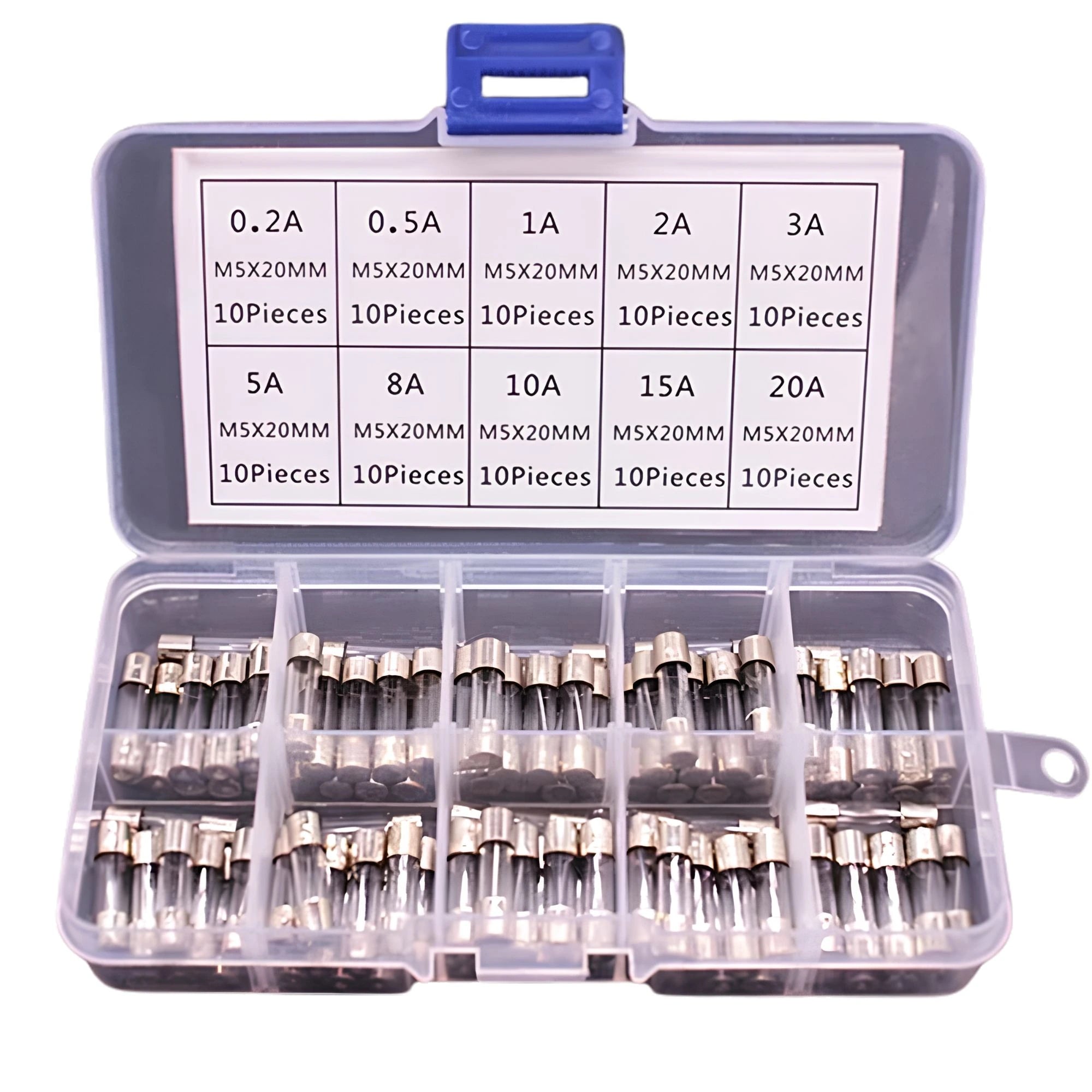 Auto Glass Fuse Kit 0.2A to 20A assortment box with 100 glass fuses on a white background