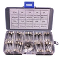 Auto Glass Fuse Kit 0.5A to 30A assortment box with 88 glass fuses and fuse seat on a white background