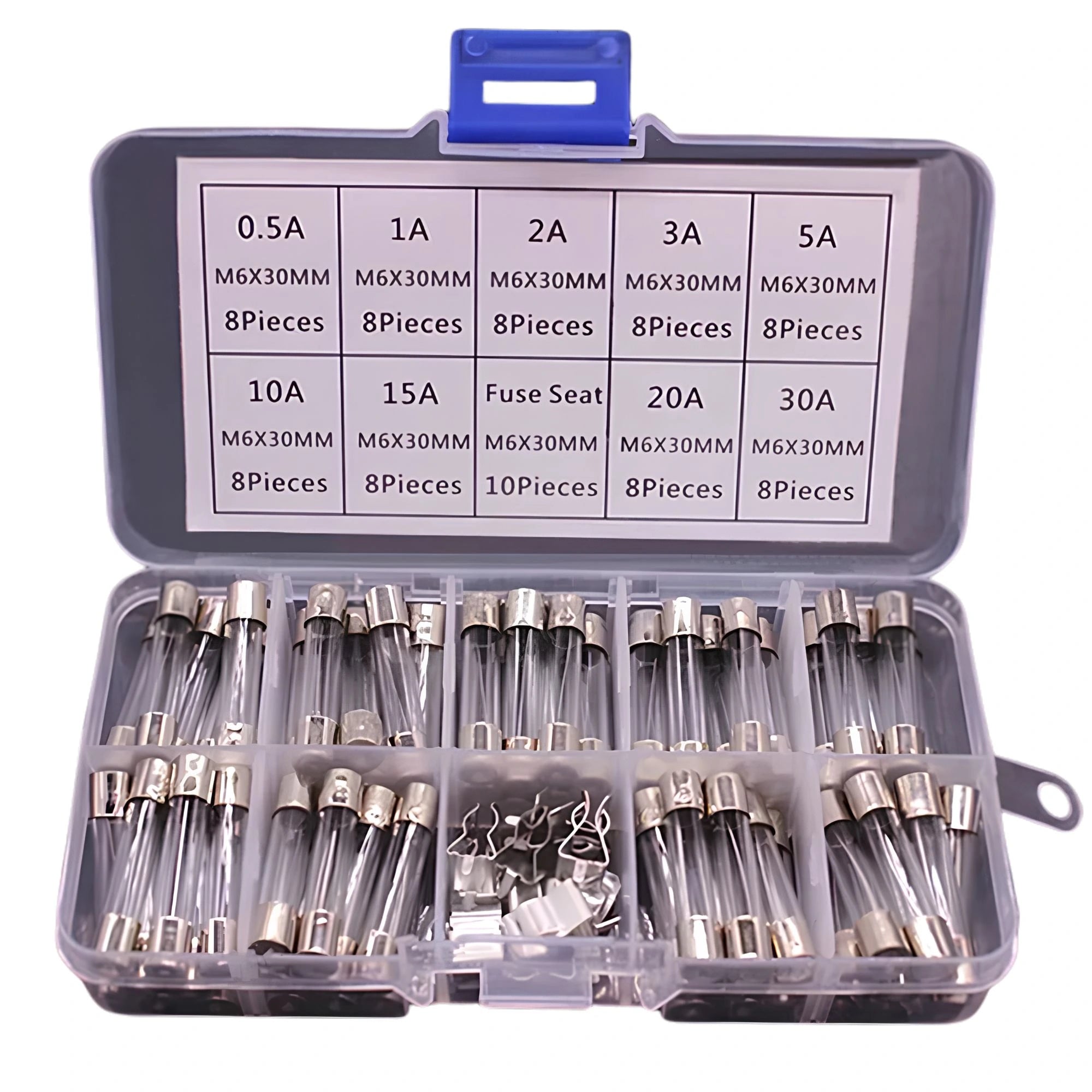 Auto Glass Fuse Kit 0.5A to 30A assortment box with 88 glass fuses and fuse seat on a white background