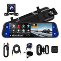 4K mirror dash cam kit with rearview mirror display, front and rear camera lenses, GPS module and cables on a white background