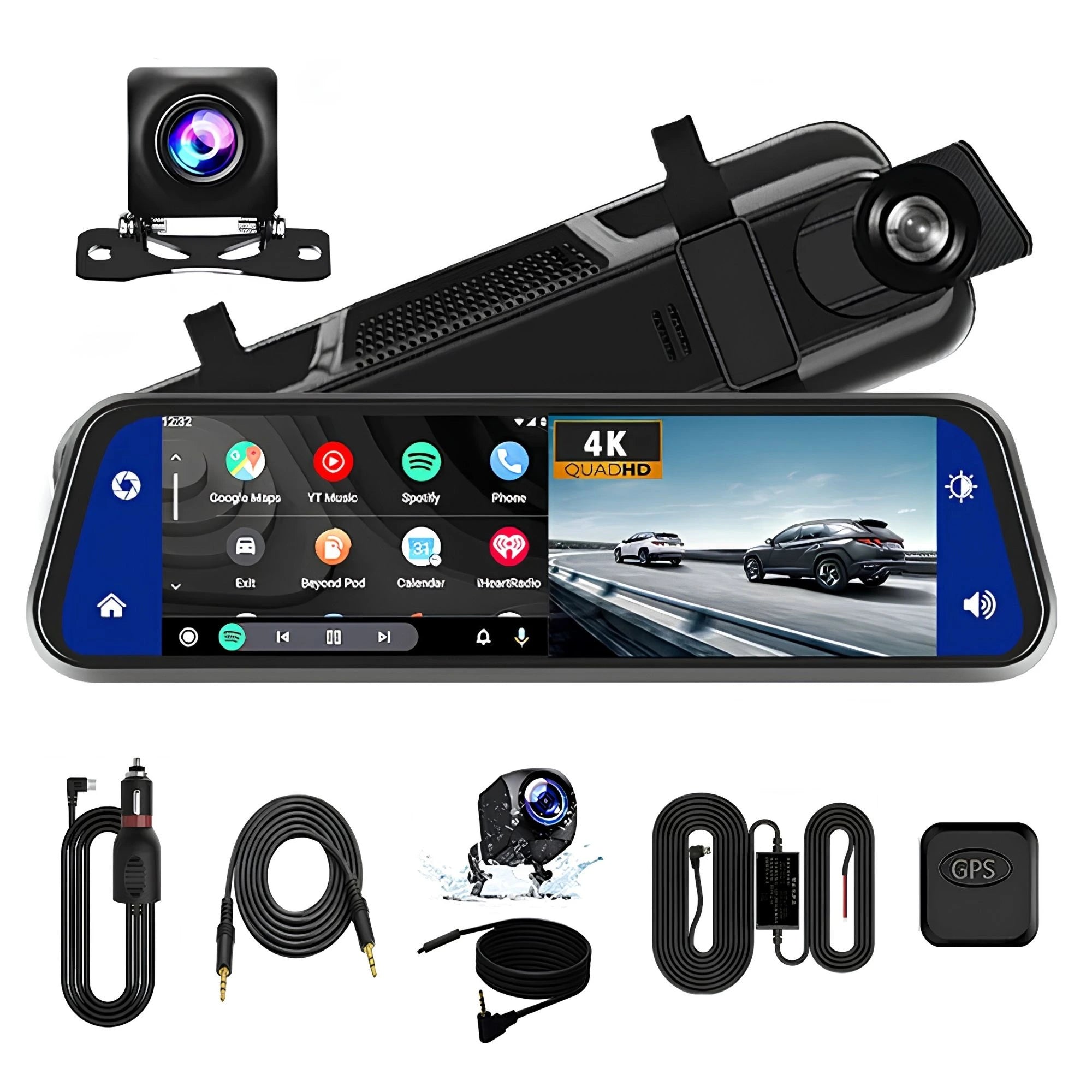 4K mirror dash cam kit with rearview mirror display, front and rear camera lenses, GPS module and cables on a white background