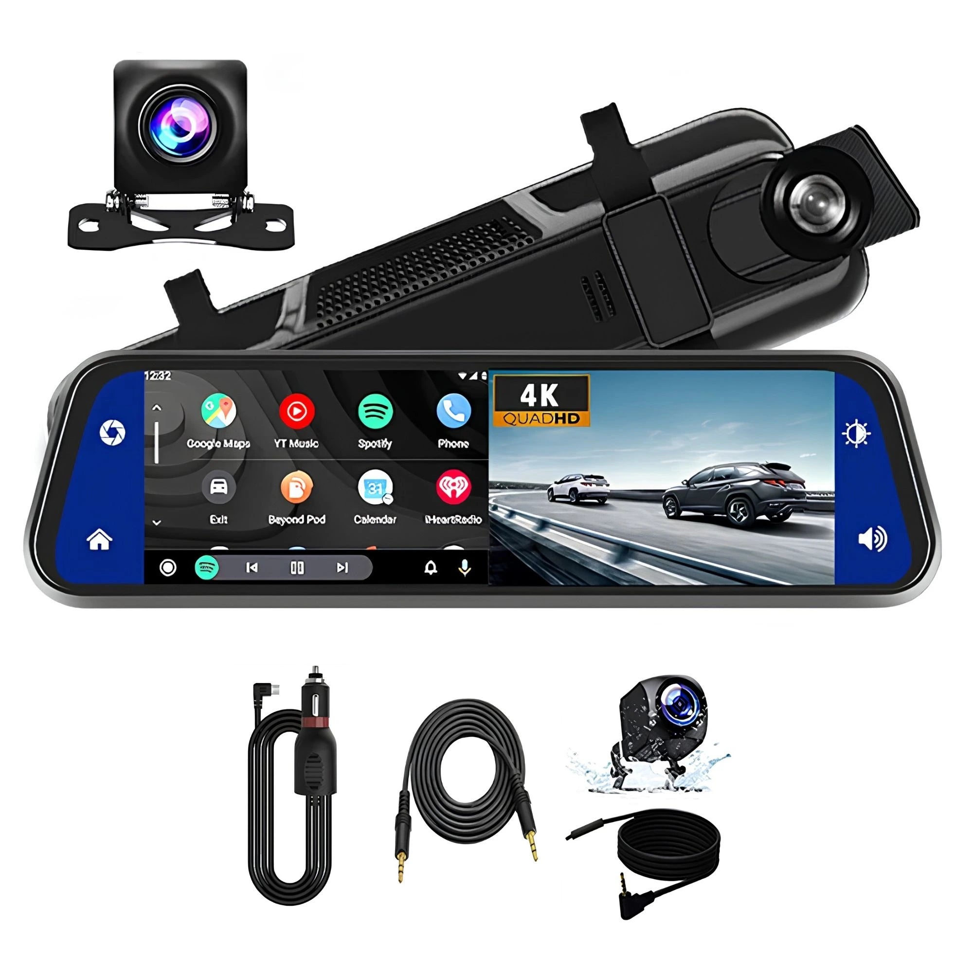 4K mirror dash cam smart drive recorder kit with front and rear camera lenses, mirror display and cables on a white background