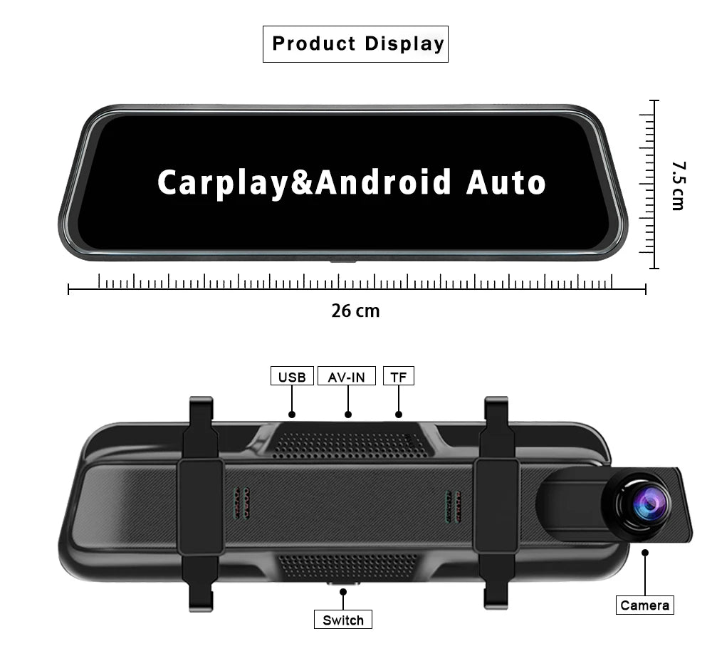 Dimensions diagram of the 10-inch rearview mirror dash cam measuring 26 centimetres in width and 7.3 centimetres in height.