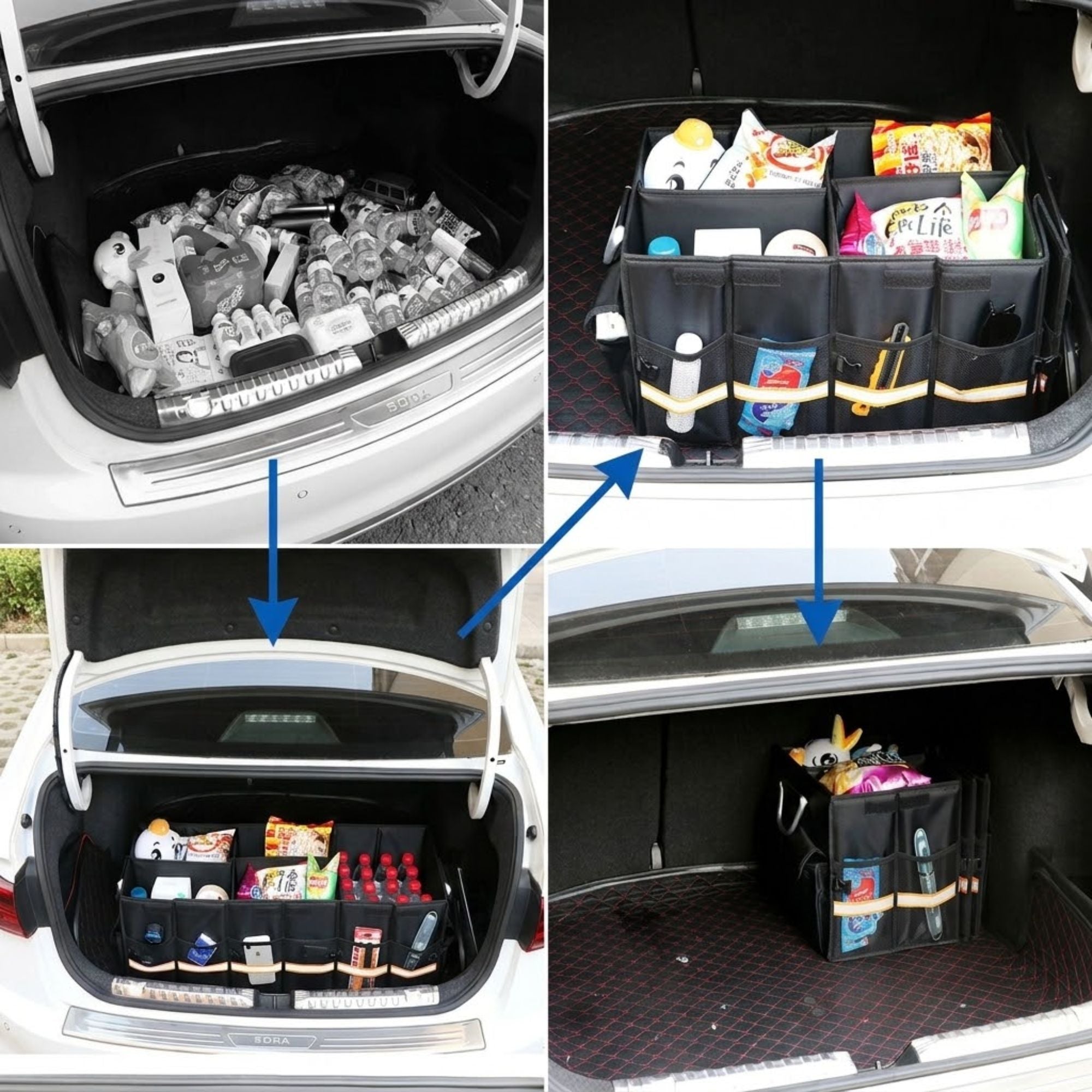 Foldable Heavy-Duty Boot Organiser in Stealth Black loaded with drinks and snacks in a sedan boot, shown as a before-and-after declutter sequence.