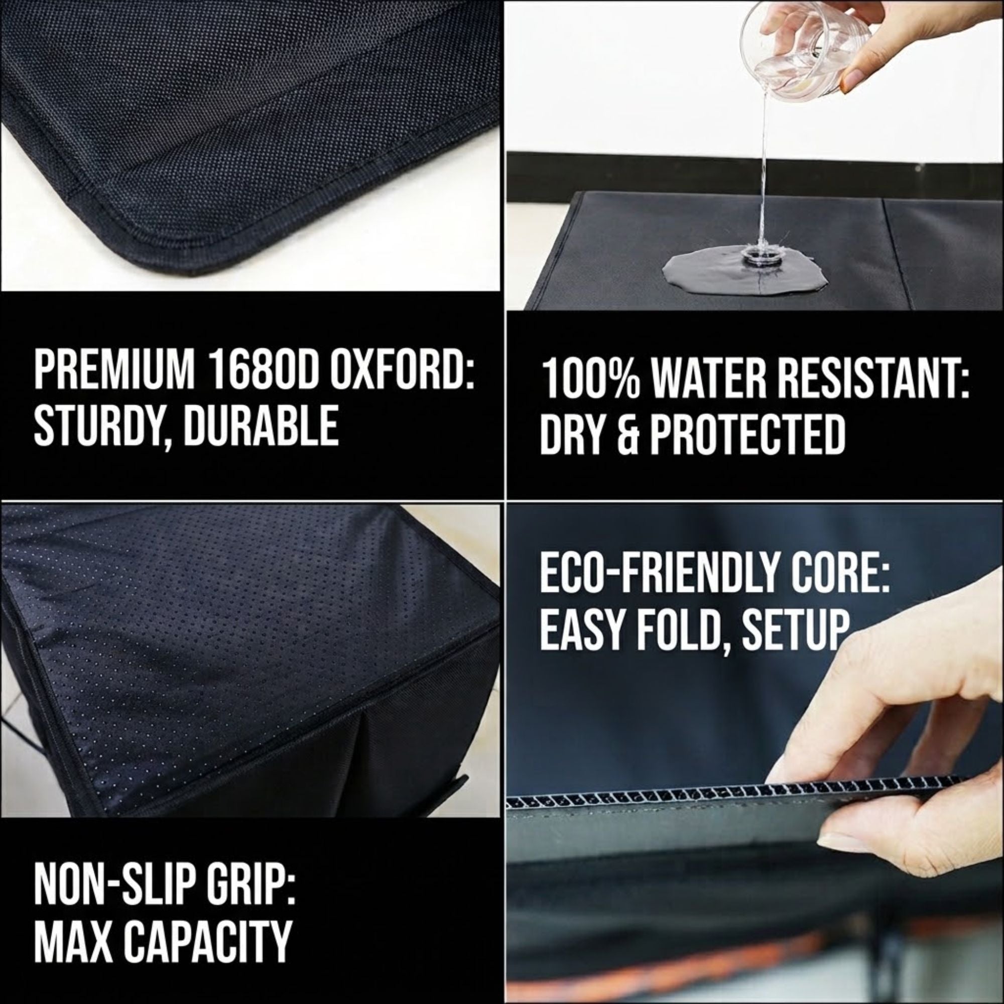 Close-up of the Foldable Heavy-Duty Boot Organiser's 1680D Oxford fabric, water-resistance test, non-slip lid texture and reflective strip in Stealth Black.