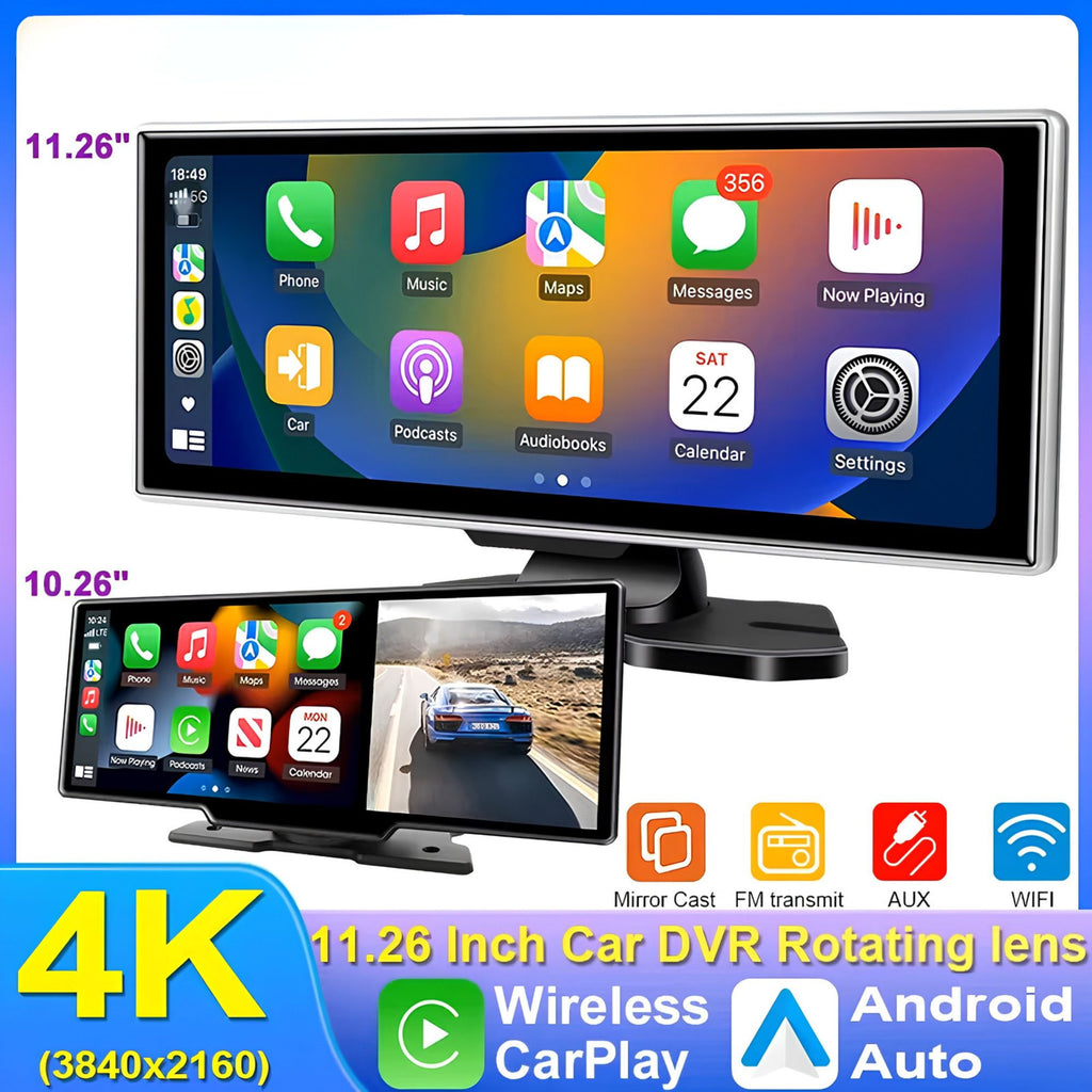 Wireless CarPlay Dash Cam size comparison showing the 11.26 inch and 10.26 inch ultrawide touchscreens side by side with 4K recording, Mirror Cast, FM transmitter, AUX and WIFI feature icons.