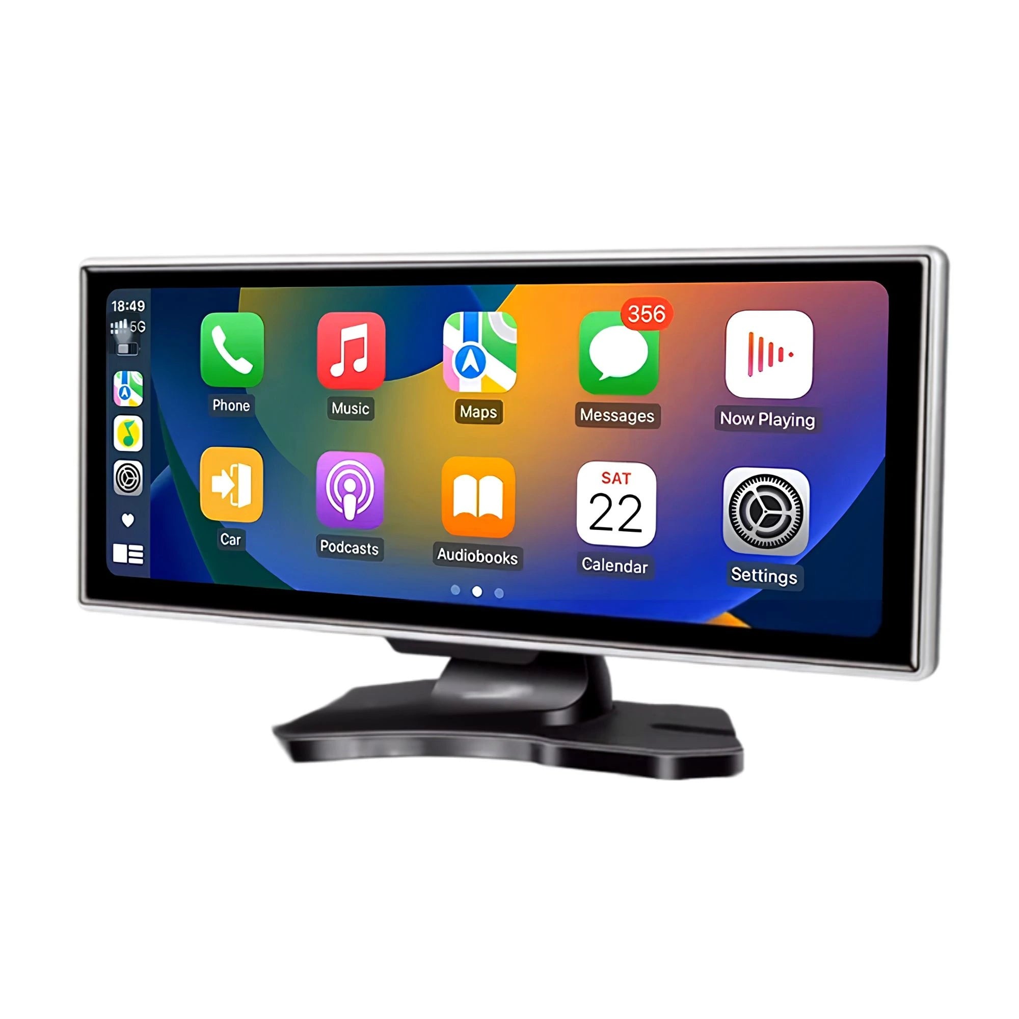 Wireless CarPlay Dash Cam ultrawide touchscreen unit on a suction mount, angled view showing the Apple CarPlay home screen with Phone, Music, Maps and Messages app icons on a clean white background.
