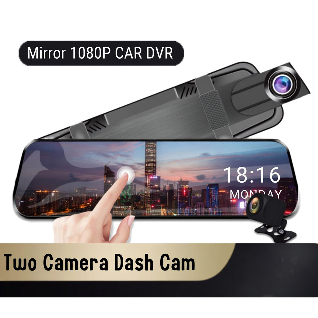 Streaming Mirror Dash Cam with a hand adjusting the 10 inch touchscreen, showing dual camera 1080P recording of a dusk cityscape
