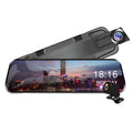 Streaming Mirror Dash Cam clip-on rearview mirror with 10 inch touchscreen display and front-facing HD camera lens on a clean white background