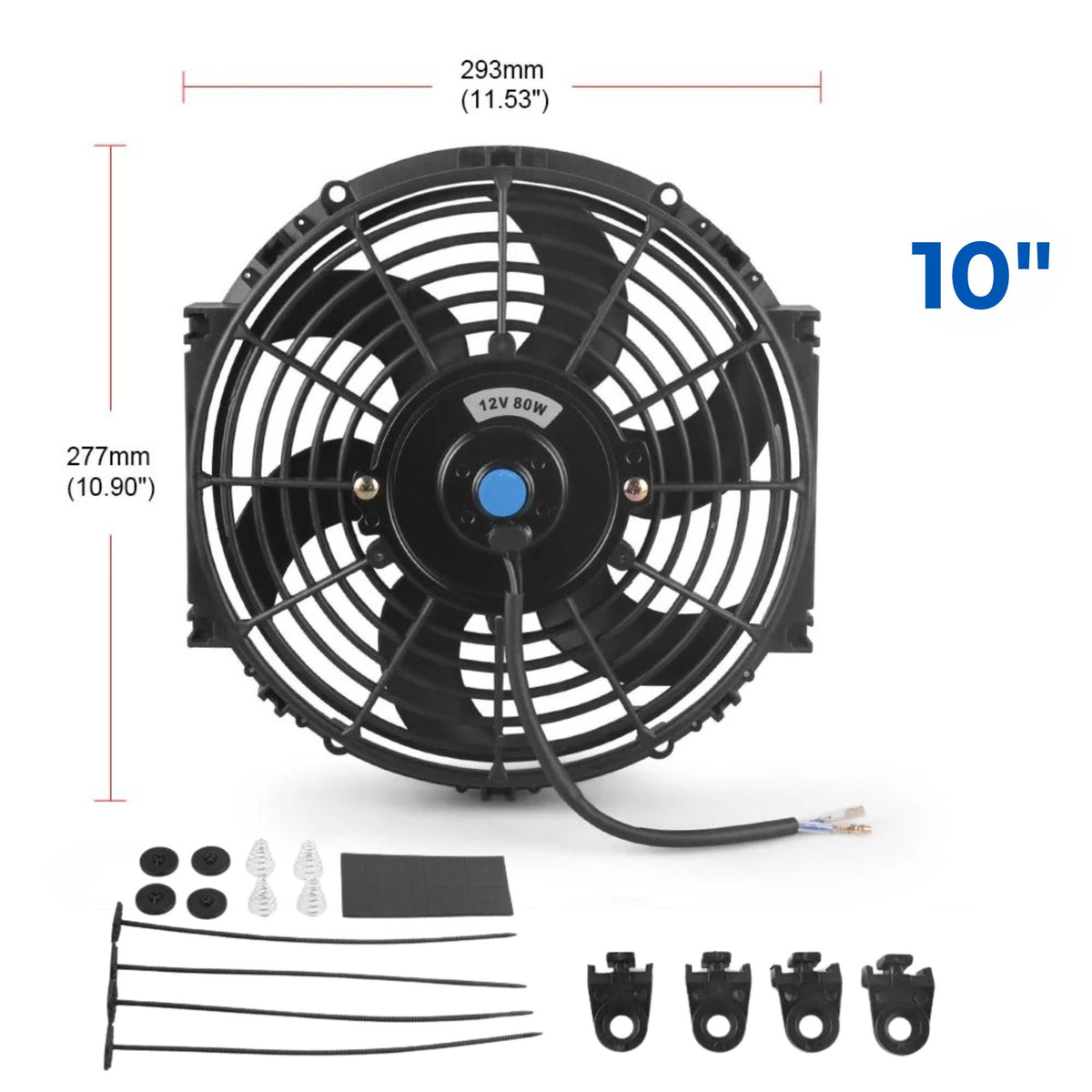 Universal Radiator Cooling Fan 10-inch variant close-up product shot showing 293mm by 277mm dimensions, the 12V 80W motor label and included mounting accessory kit