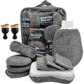 Front view of an 11-piece microfibre car cleaning kit including a wash mitt, sponges, towels, brushes, and a zip-closure storage bag.
