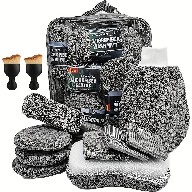 Front view of an 11-piece microfibre car cleaning kit including a wash mitt, sponges, towels, brushes, and a zip-closure storage bag.