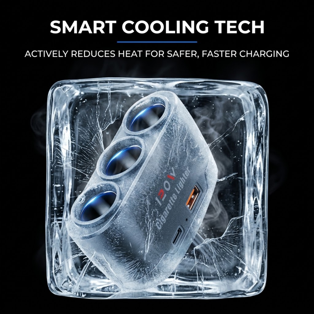 A small portable electronic device with three circular openings and a USB-C port, shown inside a cracked ice cube on a black background. Text above reads 'SMART COOLING TECH' and 'ACTIVELY REDUCES HEAT FOR SAFER, FASTER CHARGING.