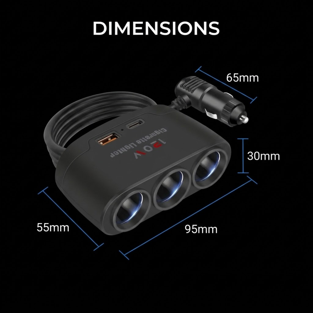Black 3 USB-C power adapter with a car cigarette lighter plug, showing dimension measurements (55mm, 95mm, 65mm, 30mm) on a black background.