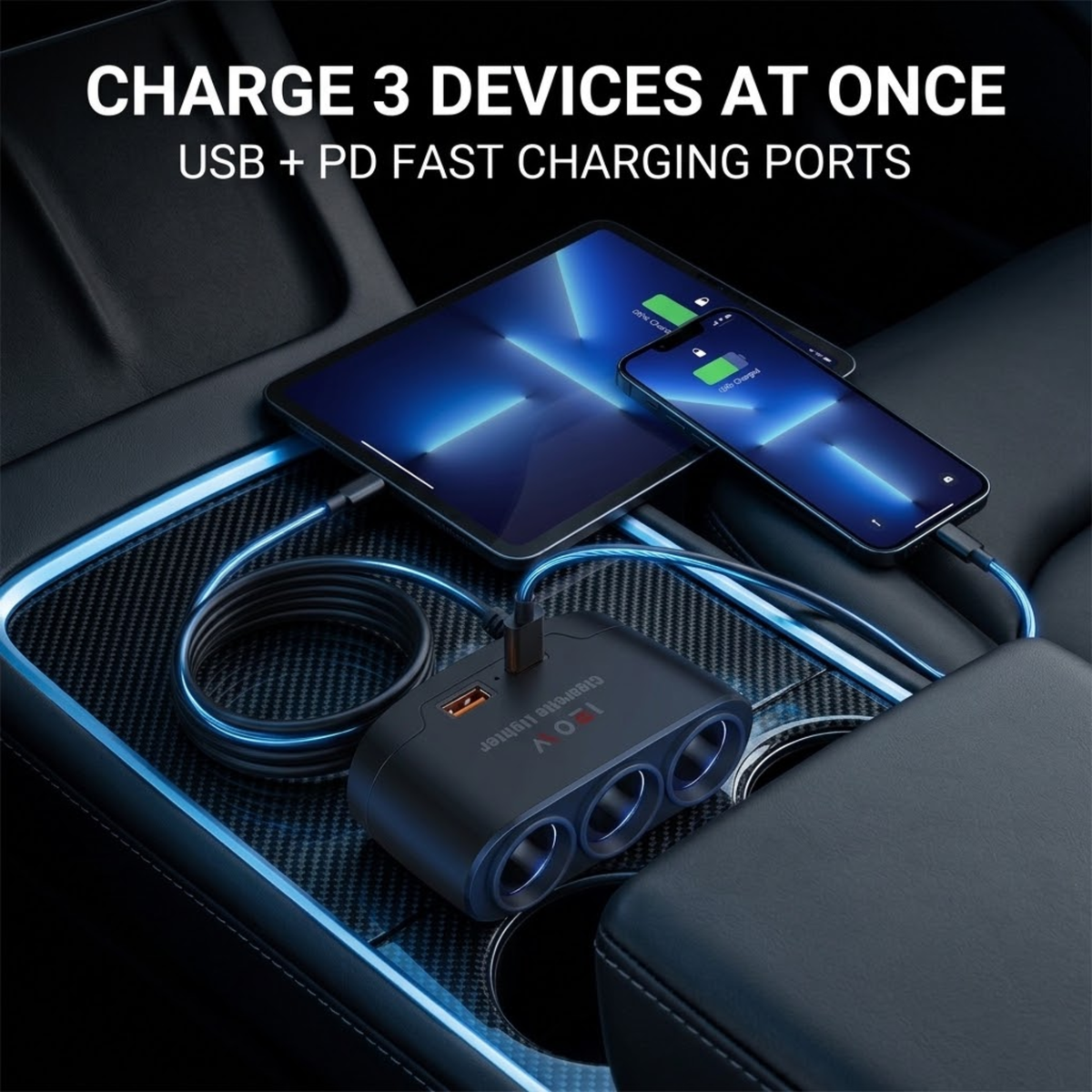 A 3-port USB-C PD fast charging adapter sits in a car center console, charging a tablet and a smartphone. White text at the top reads 'CHARGE 3 DEVICES AT ONCE USB + PD FAST CHARGING PORTS'.