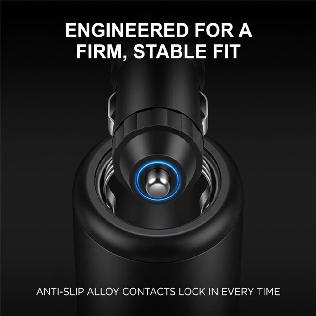 Close-up of a black cylindrical accessory with a central metallic button and blue accent ring, shown against a dark background with marketing text reading 'ENGINEERED FOR A FIRM, STABLE FIT' and 'ANTI-SLIP ALLOY CONTACTS LOCK IN EVERY TIME.'.