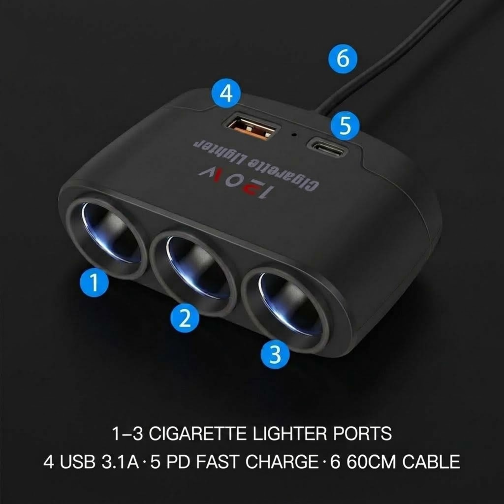 Black cigarette lighter multi-port charger with blue LED lights on three ports, labeled with blue numbers 1-6 and text indicating 4 USB 3.1A 5 PD fast charge and 6 60CM cable on a black background.