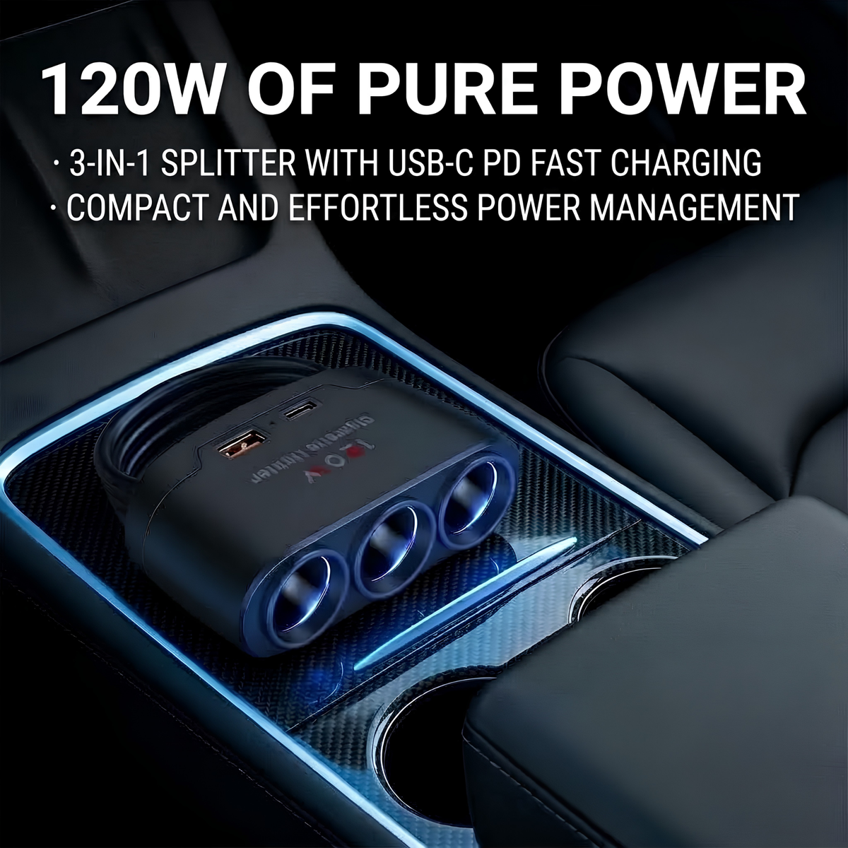A 3-in-1 car power splitter with USB-C PD fast charging and three USB-A ports, shown resting on a car center console tray. The product is black with a carbon fiber pattern and blue LED lighting accents.