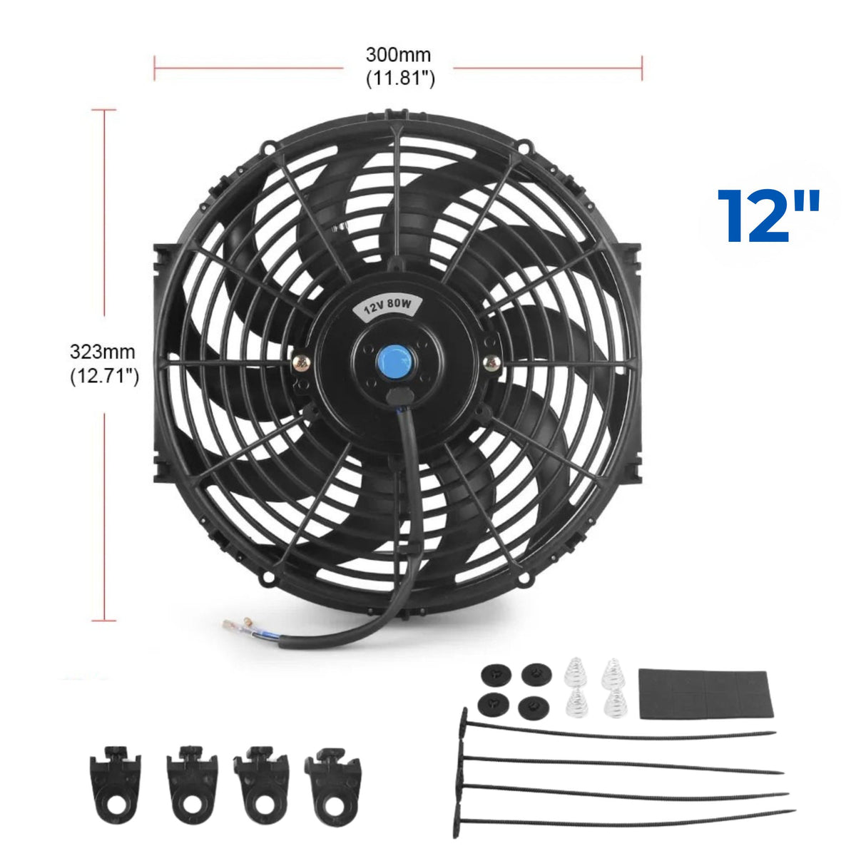 Universal Radiator Cooling Fan 12-inch variant close-up product shot showing 300mm by 323mm dimensions, the 12V 80W motor label and included mounting accessory kit