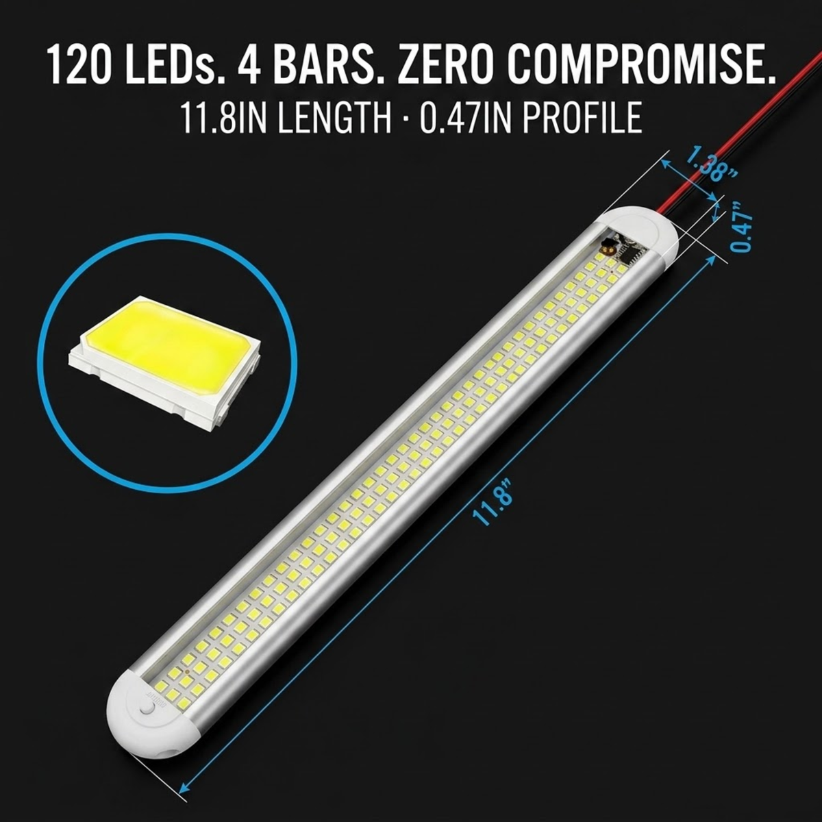 A 11.8-inch LED bar light shown on a black background with text reading '120 LEDs.