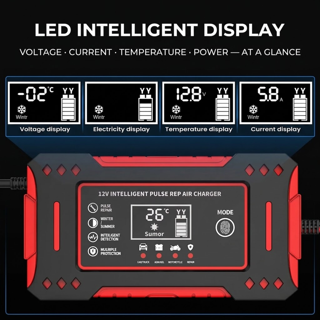 A 12V intelligent pulse repair air charger with a rugged red and black design, featuring an LED digital display screen. The top of the image includes feature callouts showing voltage, electricity, temperature, and current displays.
