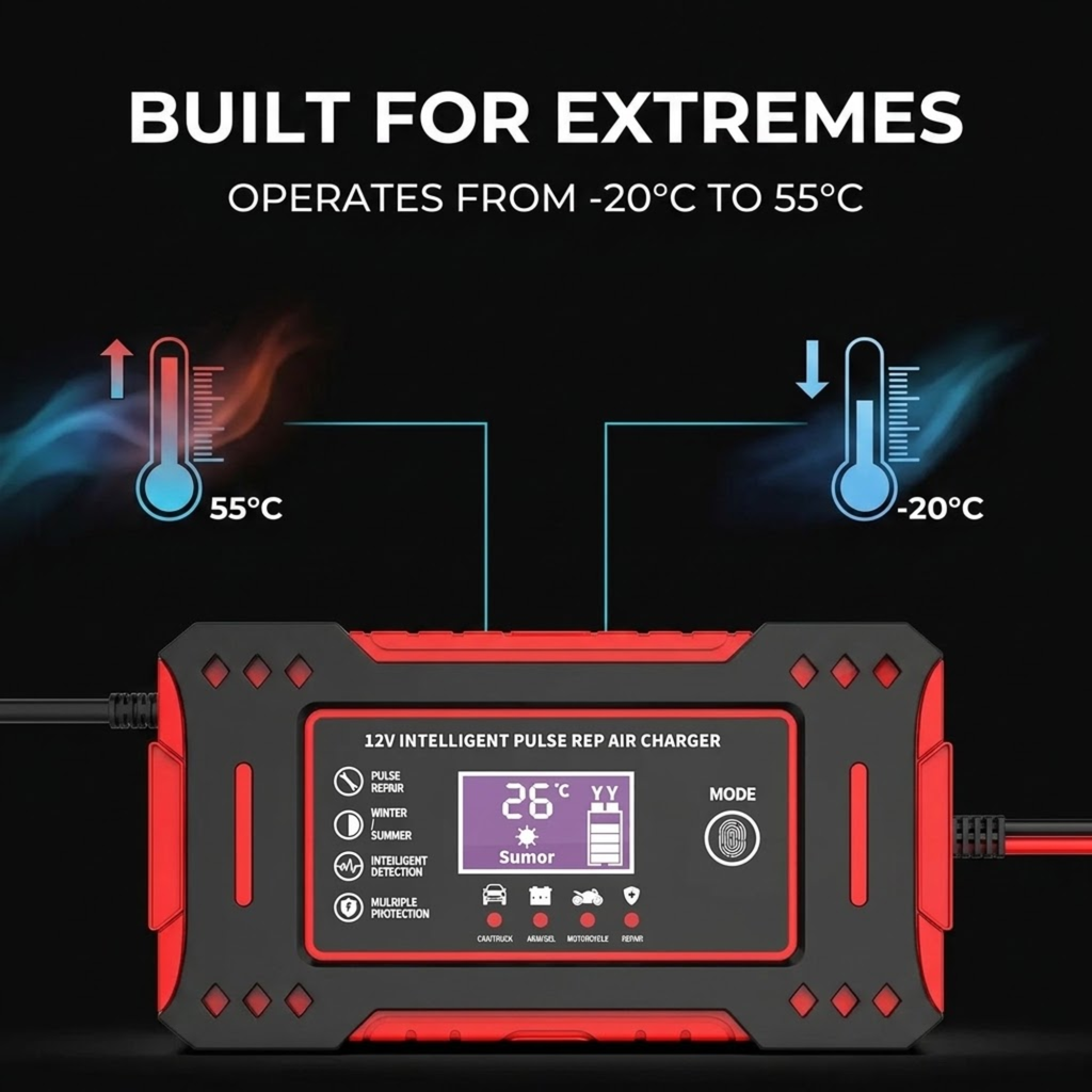 A 12V intelligent pulse air rechargeable battery charger shown on a black background with marketing text and temperature graphics. The charger has a rugged red and black design with a digital display screen showing battery status.