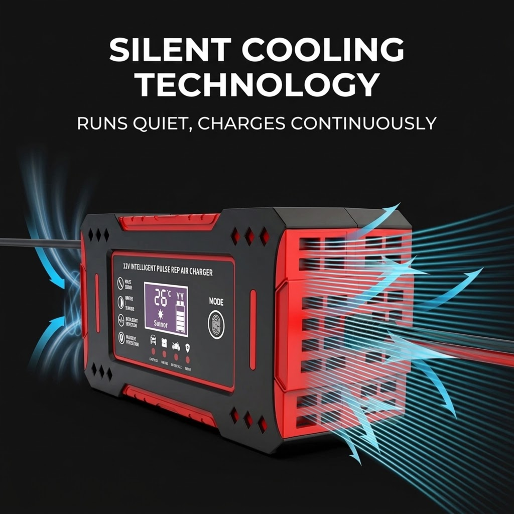 A red and black portable air cooler charger shown on a black background with marketing text reading 'SILENT COOLING TECHNOLOGY' and blue airflow graphics illustrating cooling.