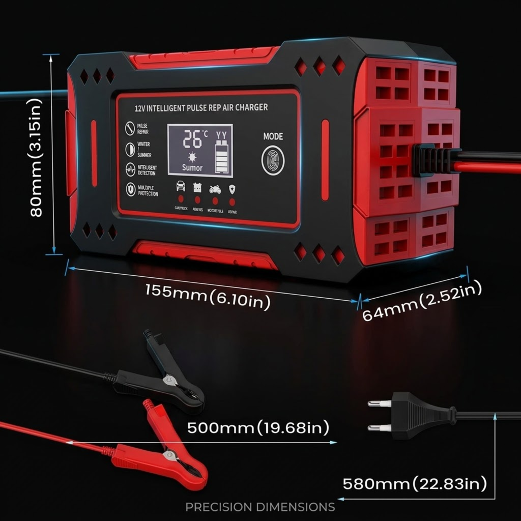 A 12V intelligent pulse air charger battery maintainer with red and black rugged casing, shown with its red and black cable clamps and plug on a black background. Blue dimension lines and text indicate measurements of 80mm, 155mm, 64mm, 500mm, and 580mm.