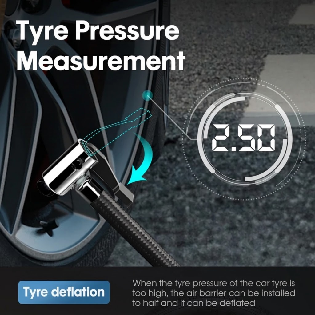 12V Auto-Stop Tyre Inflator connected to a car tyre valve with the digital display showing tyre pressure and visualising tyre pressure management through inflation and deflation.