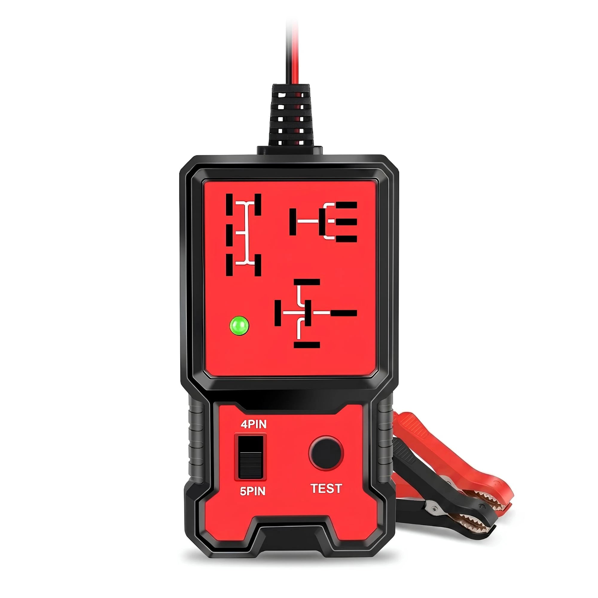 12V Car Battery Circuit Checker and Automotive Relay Go/No-Go Tester with 4-pin and 5-pin LED diagnostic display on a white background