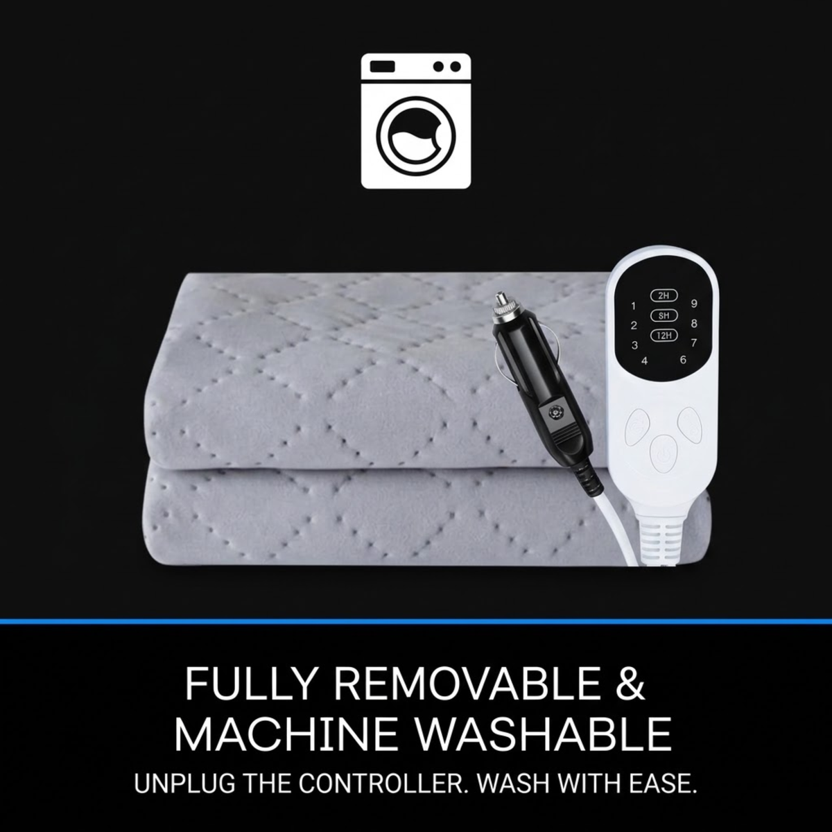 A gray quilted electric bed blanket with a white remote control and a black car adapter, shown on a black background with text stating 'FULLY REMOVABLE & MACHINE WASHABLE'.