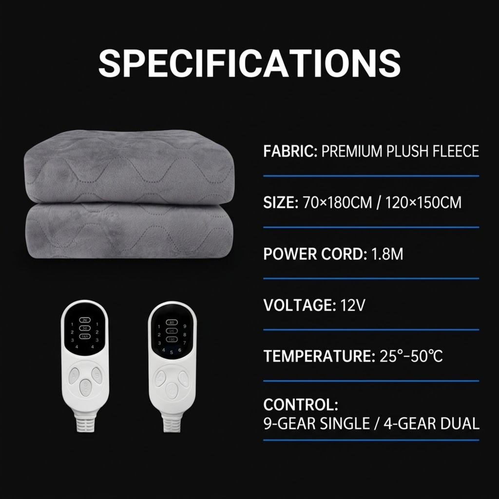 Specifications graphic for a heated plush blanket set, showing folded gray blankets, two white remote controls, and text listing fabric, size, power cord, voltage, temperature range, and control modes on a black background.