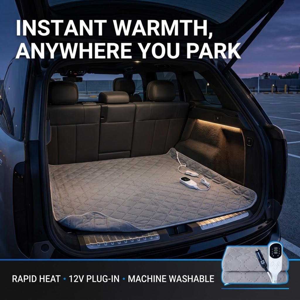 An electric car trunk mat shown inside an open SUV trunk at dusk, with large text reading 'INSTANT WARMTH, ANYWHERE YOU PARK' and feature callouts at the bottom.
