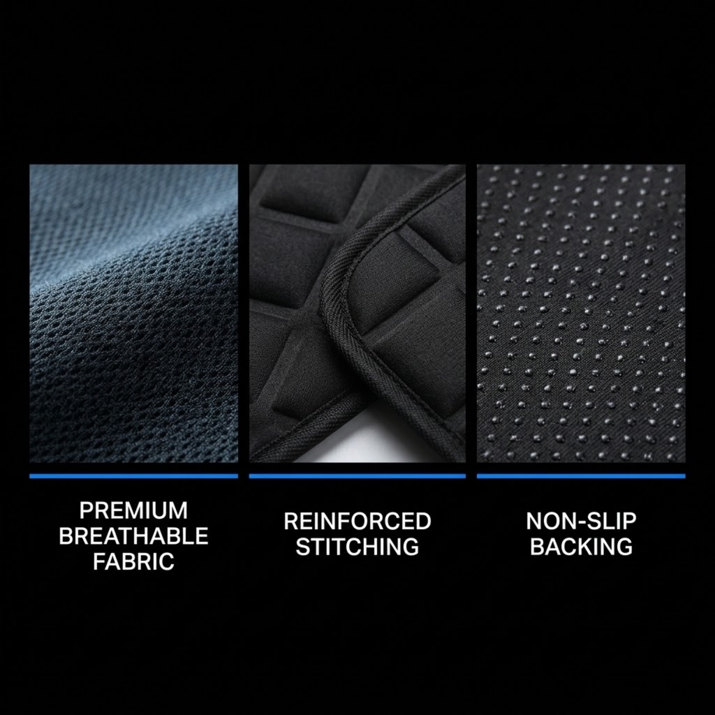 Three close-up panels on a black background showing product texture and features: premium breathable fabric, reinforced stitching, and non-slip backing, with white text labels below.