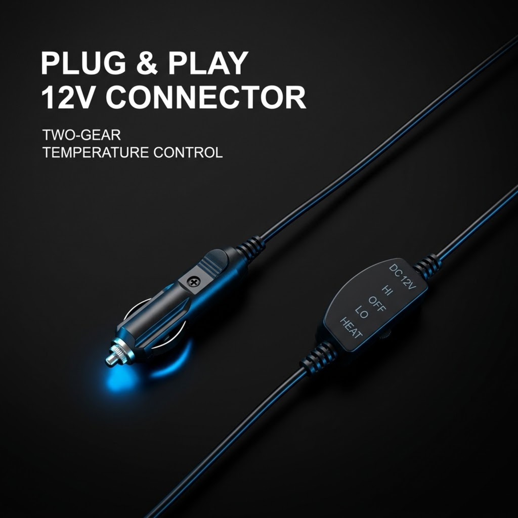 A 12V car plug and play connector with a blue illuminated cigarette lighter socket and a black temperature control inline switch on a dark background, with text reading 'PLUG & PLAY 12V CONNECTOR' and 'TWO-GEAR TEMPERATURE CONTROL'.