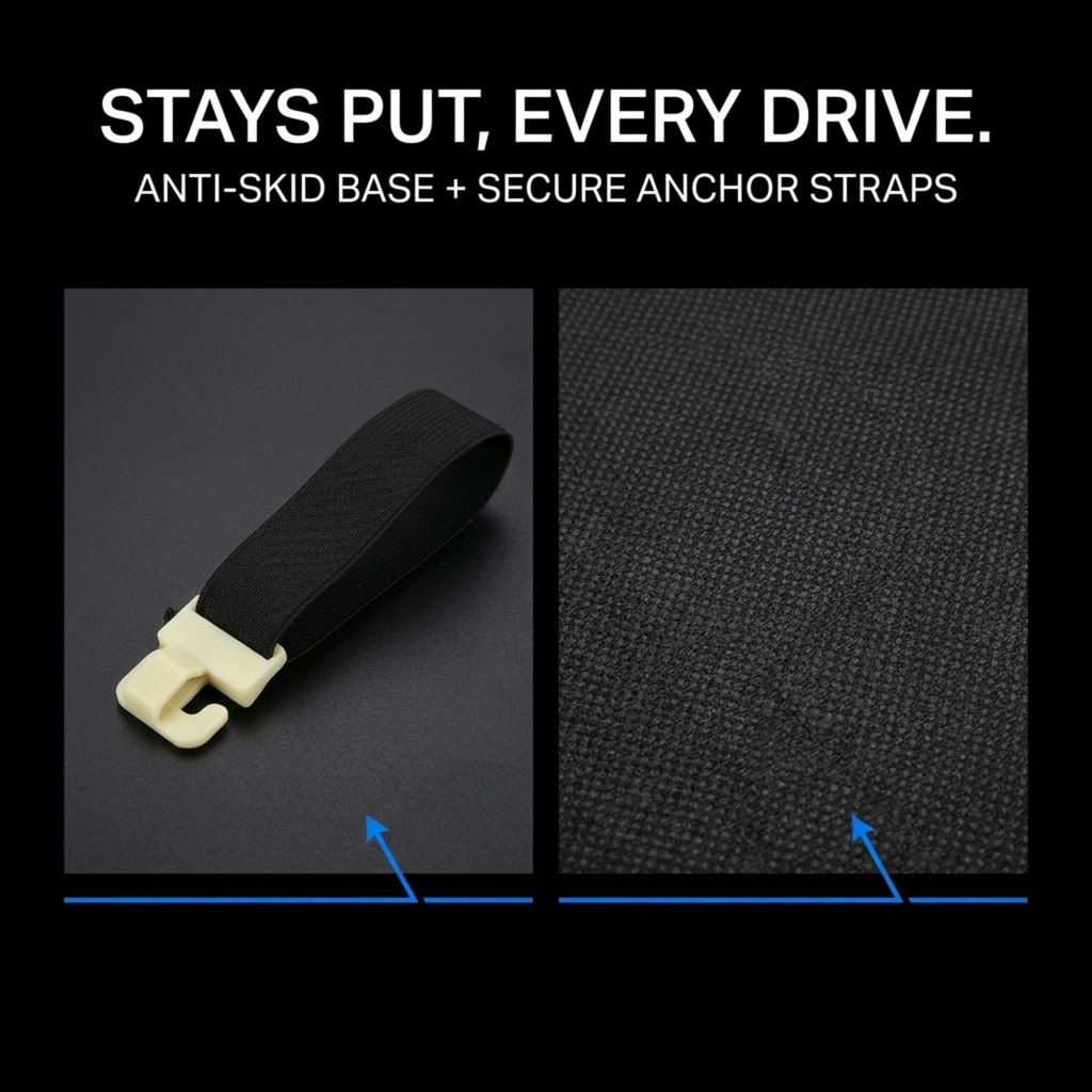 Black anti-skid strap with a cream-colored plastic anchor base, shown alongside a close-up of the textured black fabric and text reading 'STAYS PUT, EVERY DRIVE. ANTI-SKID BASE + SECURE ANCHOR STRAPS'.