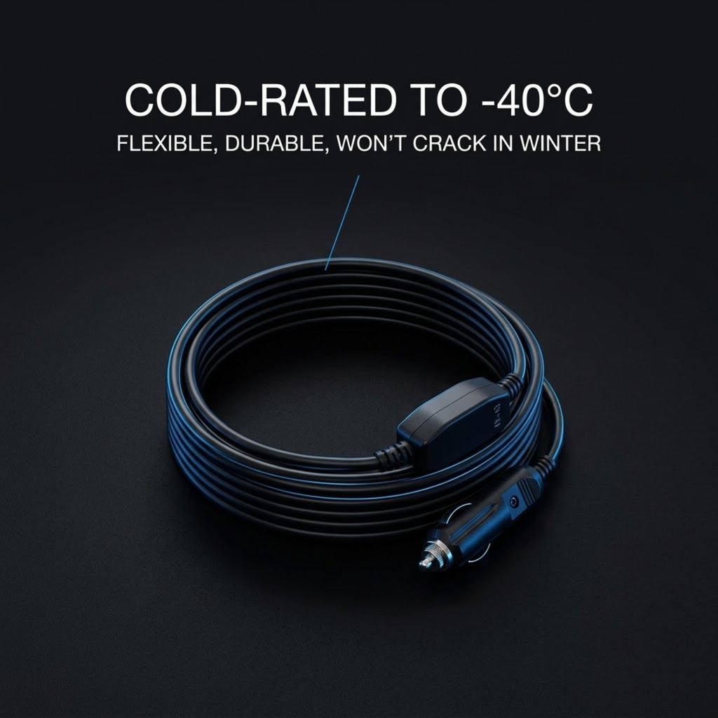 A coiled black cable with a blue car power plug and a small black control module, shown on a dark background with the text 'COLD-RATED TO -40°C' and 'FLEXIBLE, DURABLE, WON'T CRACK IN WINTER'.
