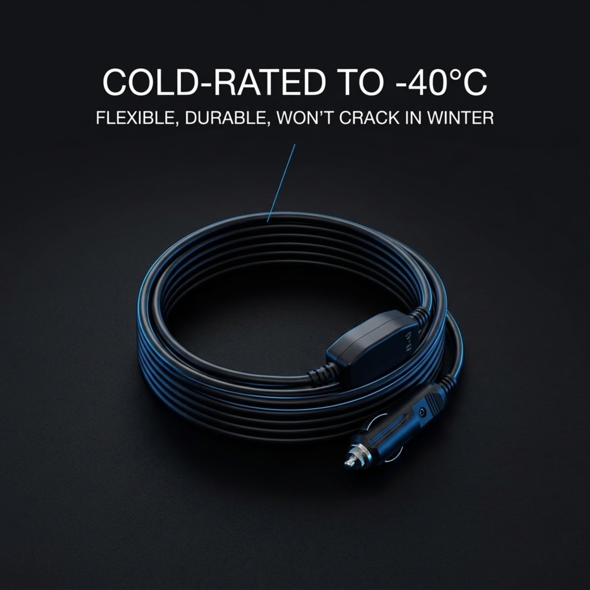A coiled black cable with a blue car power plug and a small black control module, shown on a dark background with the text 'COLD-RATED TO -40°C' and 'FLEXIBLE, DURABLE, WON'T CRACK IN WINTER'.
