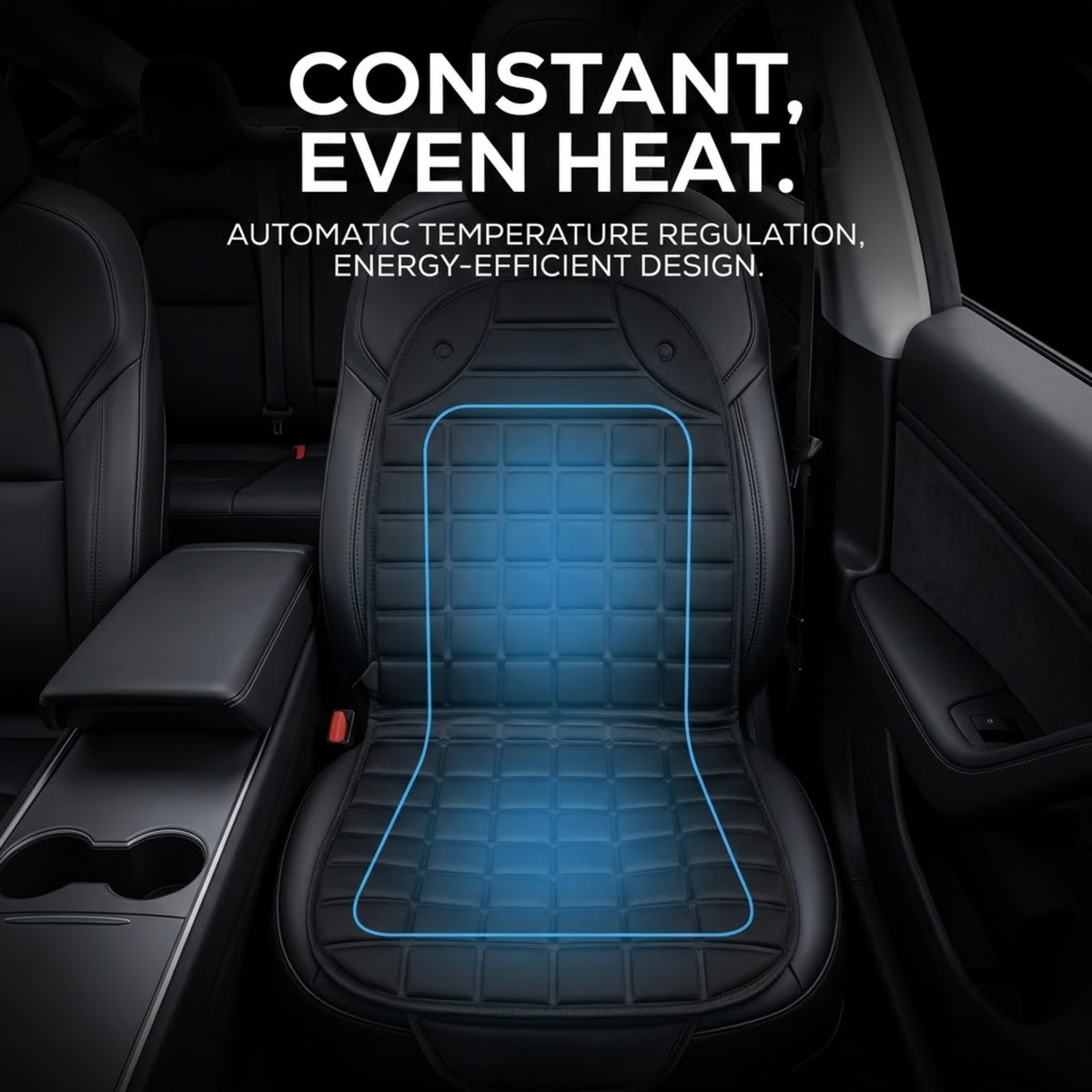 A black car seat cushion pad shown installed on a car seat inside a vehicle cabin, with blue glowing lines highlighting the cooling zones and marketing text at the top reading 'CONSTANT, EVEN HEAT.'.