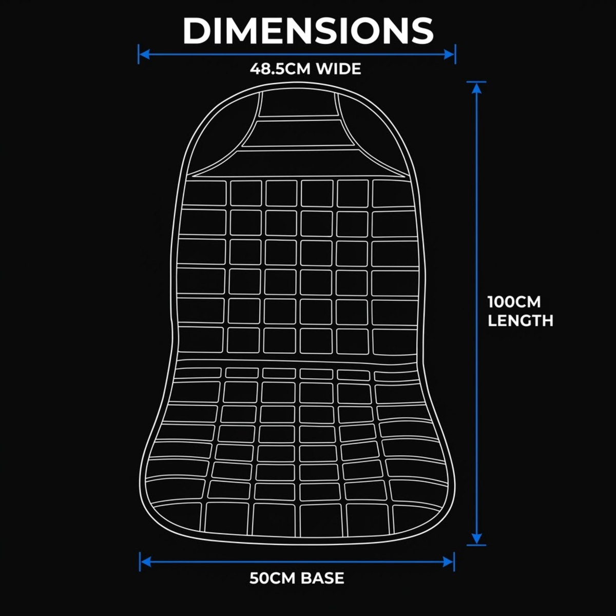 A black graphic with white line art showing the shape and dimensions of a cushion or pad, labeled 48.5cm wide, 50cm base, and 100cm length, under the heading DIMENSIONS.
