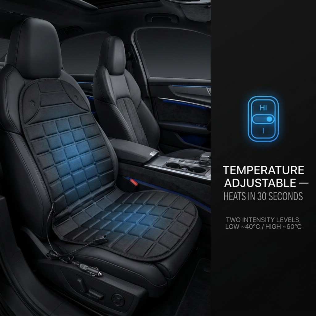 Black car seat covers on the front seats of a vehicle interior, with blue LED-style illumination showing heating zones. Text on the right says temperature is adjustable and heats in 30 seconds.