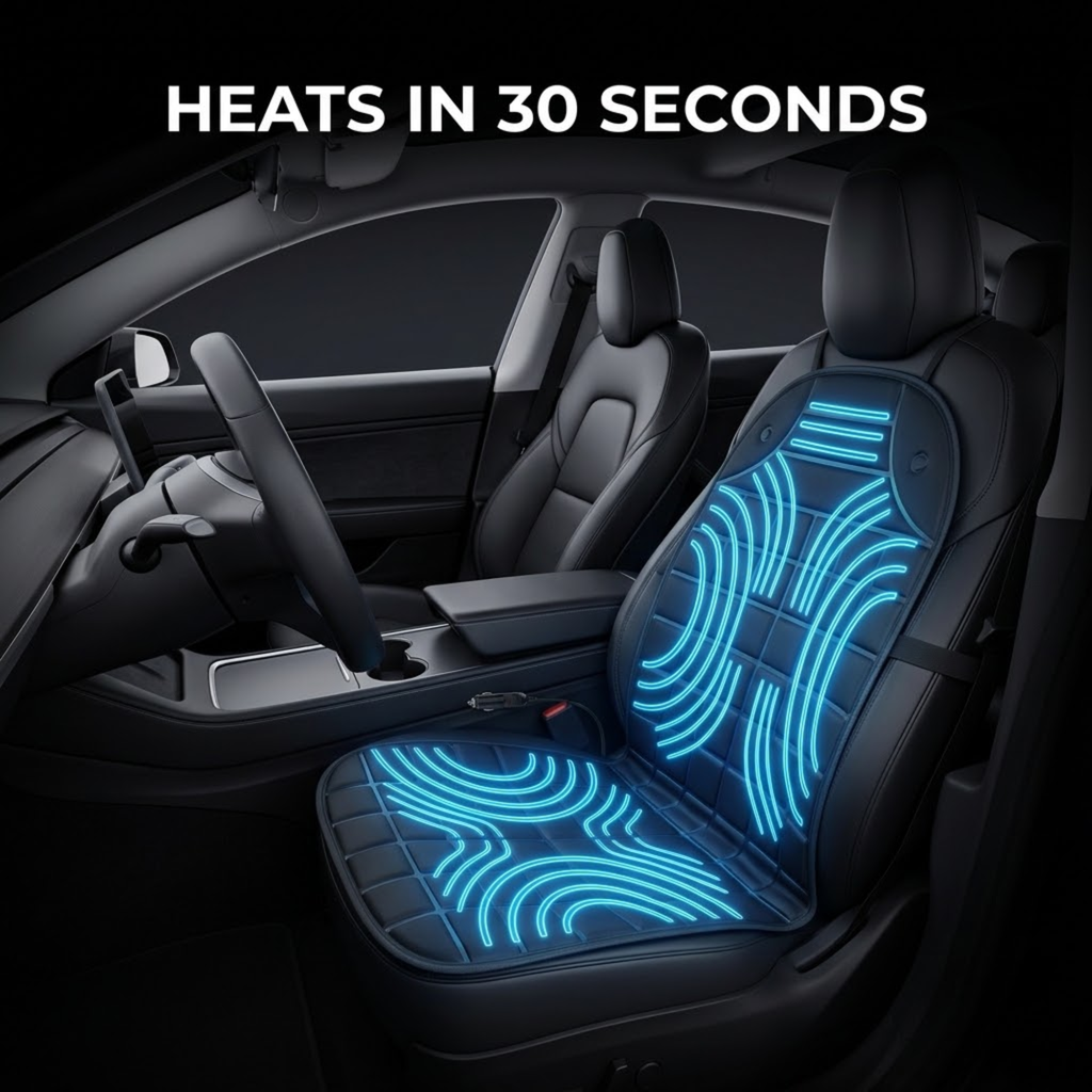A car seat cover with glowing blue heatwave patterns displayed on the front passenger seat inside a car interior. White text at the top reads 'HEATS IN 30 SECONDS'.