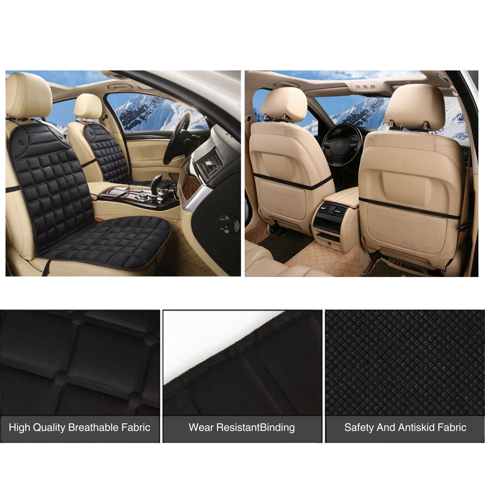 12V Heated Car Seat Cushion installed on front and rear car seats, with close-up fabric texture swatches