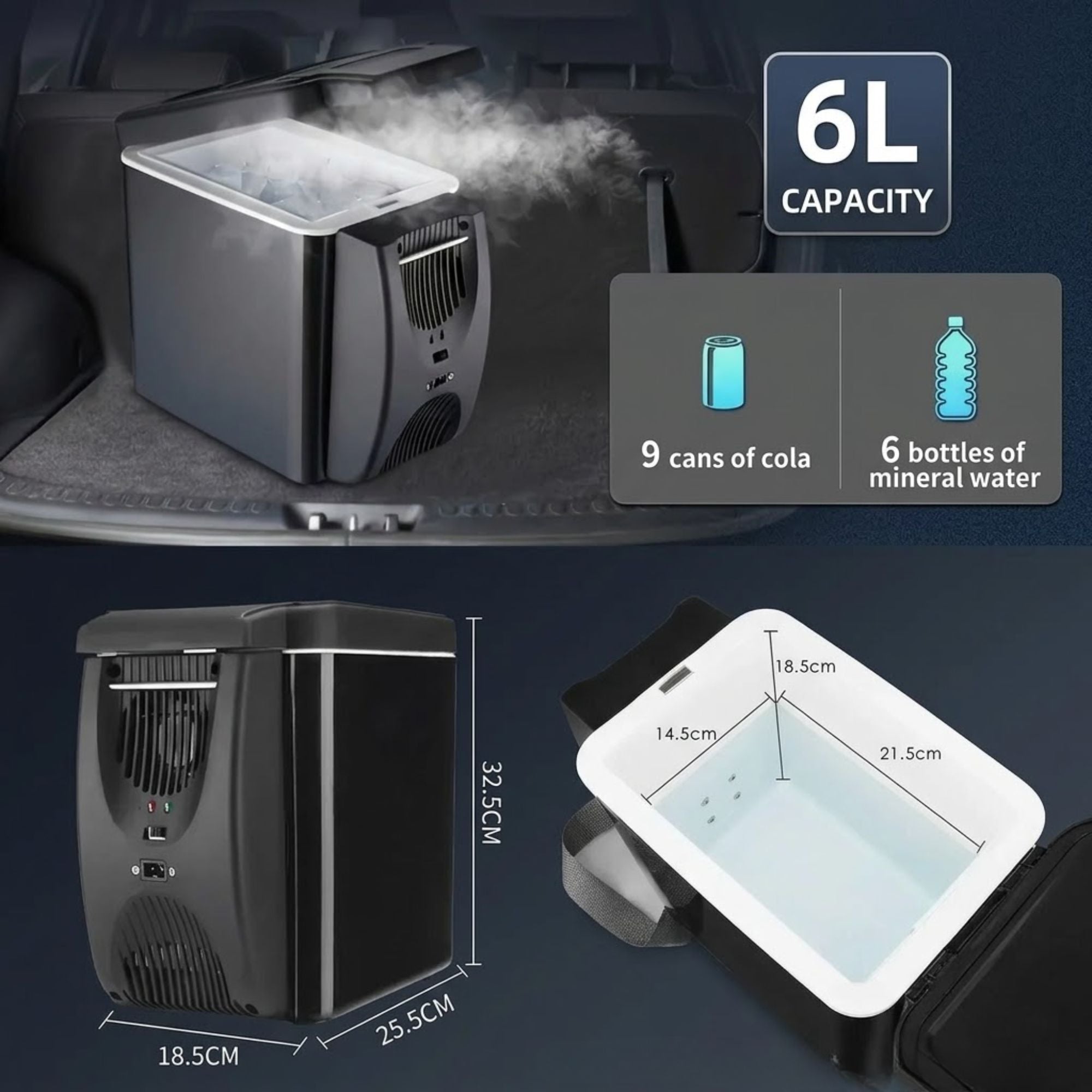 12V Portable Car Fridge 6L capacity fitted in car boot with dimensions diagram