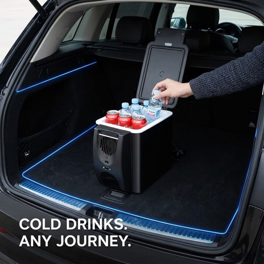 A portable black car cooler with a white lid insert sits in the open trunk of a black car, holding several bottled and canned drinks. A person's arm is visible reaching toward the cooler.
