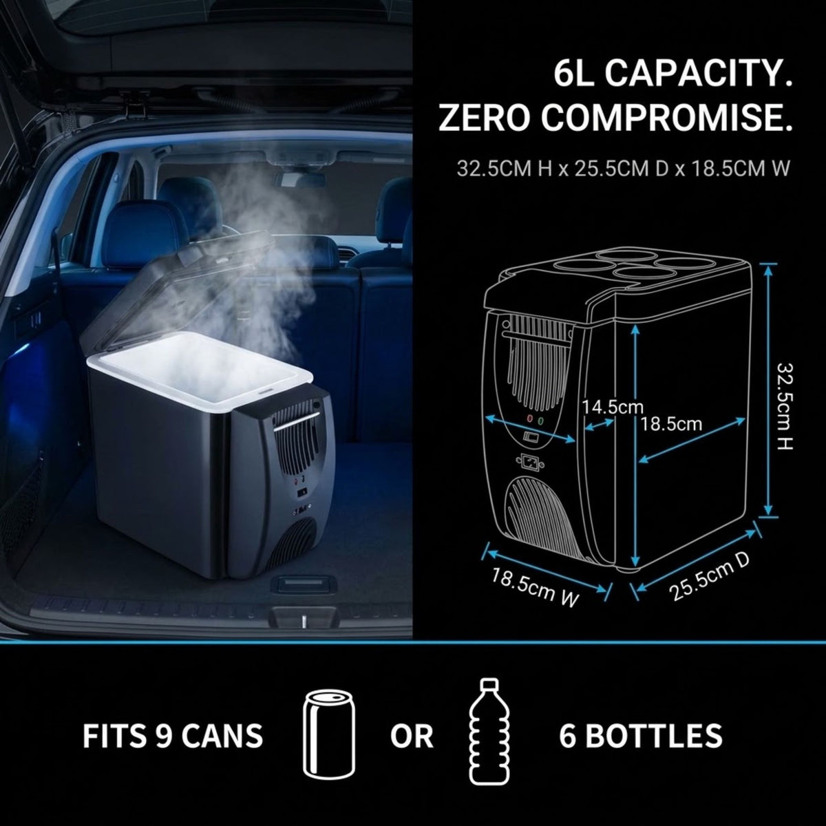 A 6L portable cooler shown in a car trunk with steam rising from the lid, alongside a black dimension diagram showing its 32.5 x 18.