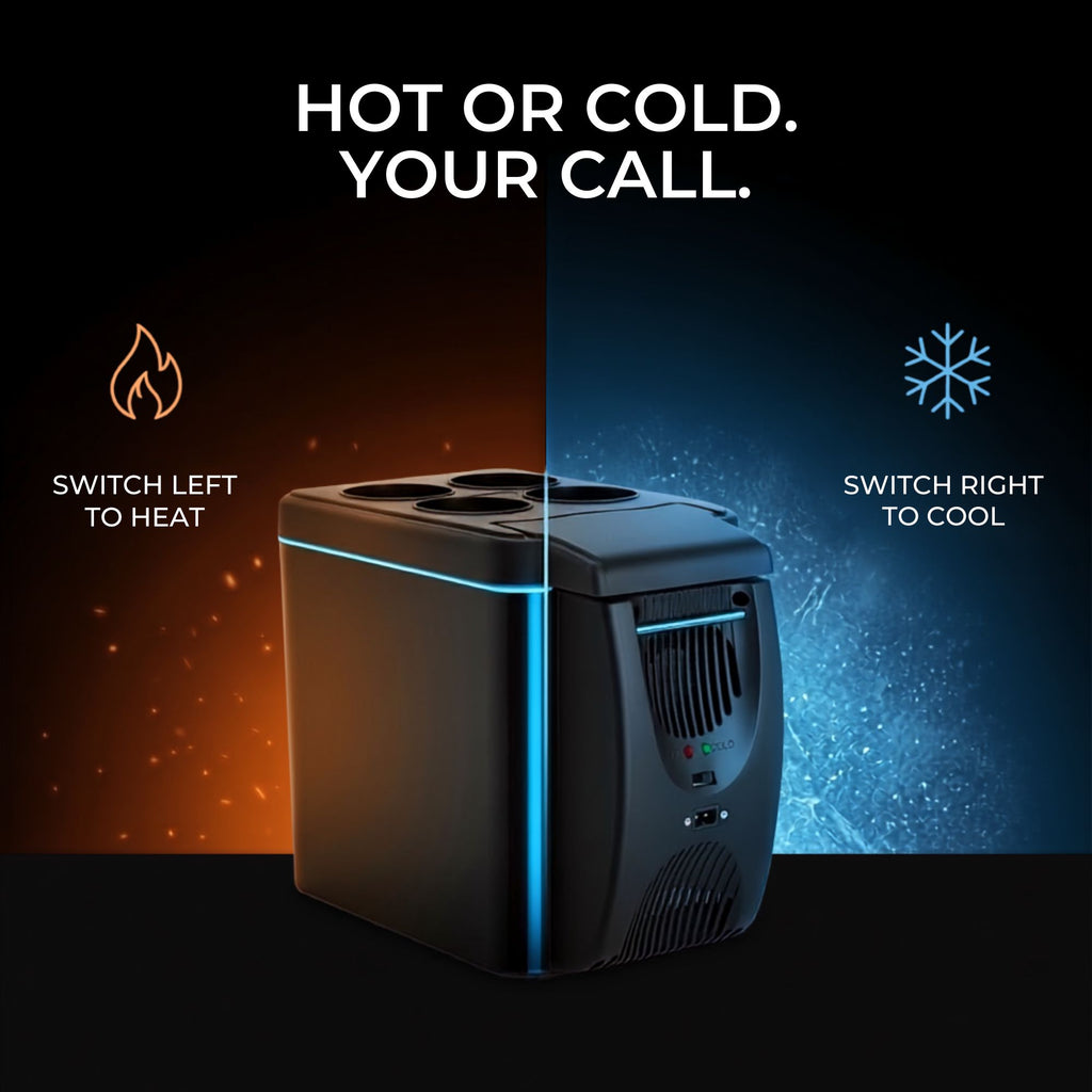 A portable electric heater or cooler shown on a dark promotional background with split heat and cold graphics. The device is black with a glowing blue vertical light strip.