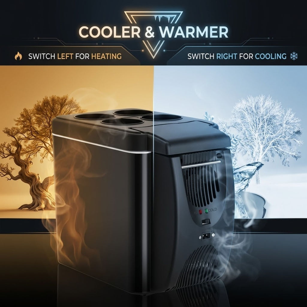 12V Portable Car Fridge cooler and warmer function diagram showing heating and cooling switch sides