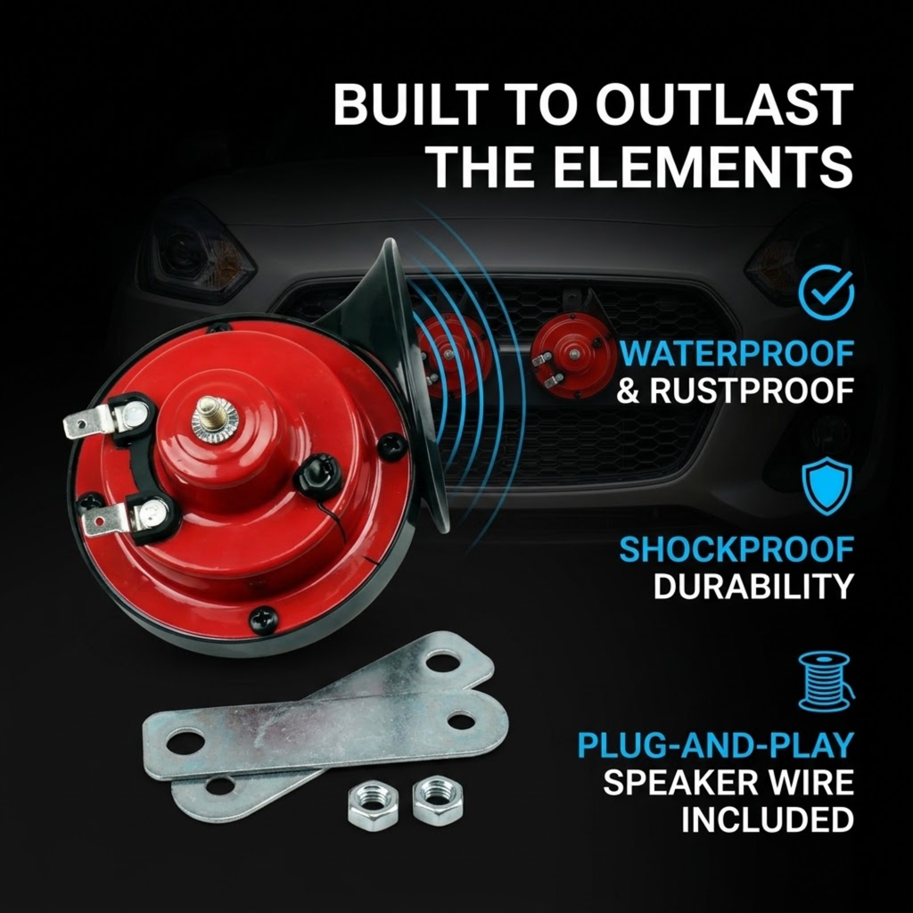 A red and black automotive horn shown with metal mounting brackets and two silver nuts on a dark background, with marketing text reading 'BUILT TO OUTLAST THE ELEMENTS' and feature callouts including waterproof, rustproof, shockproof, and plug-and-play speaker wire.