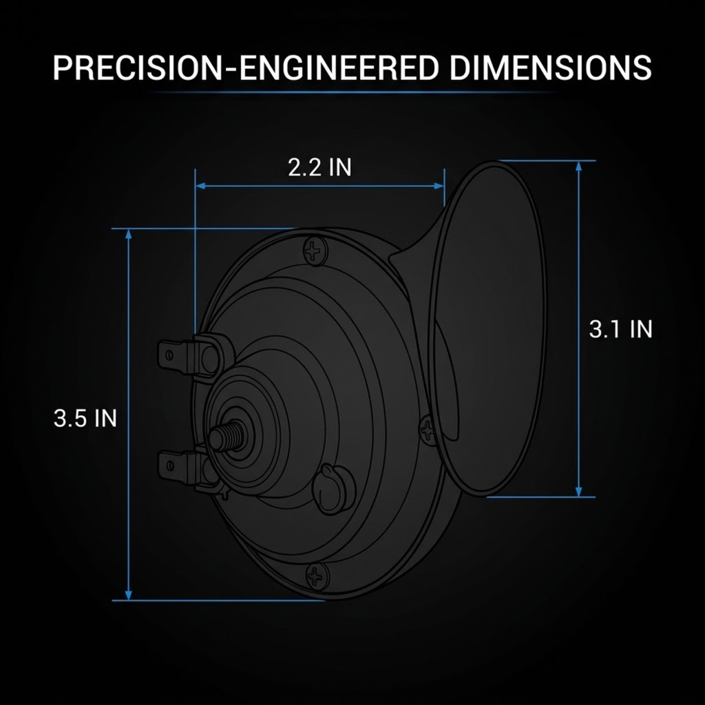 Technical dimension diagram of a round horn-style device on a black background, with white text reading 'PRECISION-ENGINEERED DIMENSIONS' and blue measurement lines indicating 2.2 in, 3.